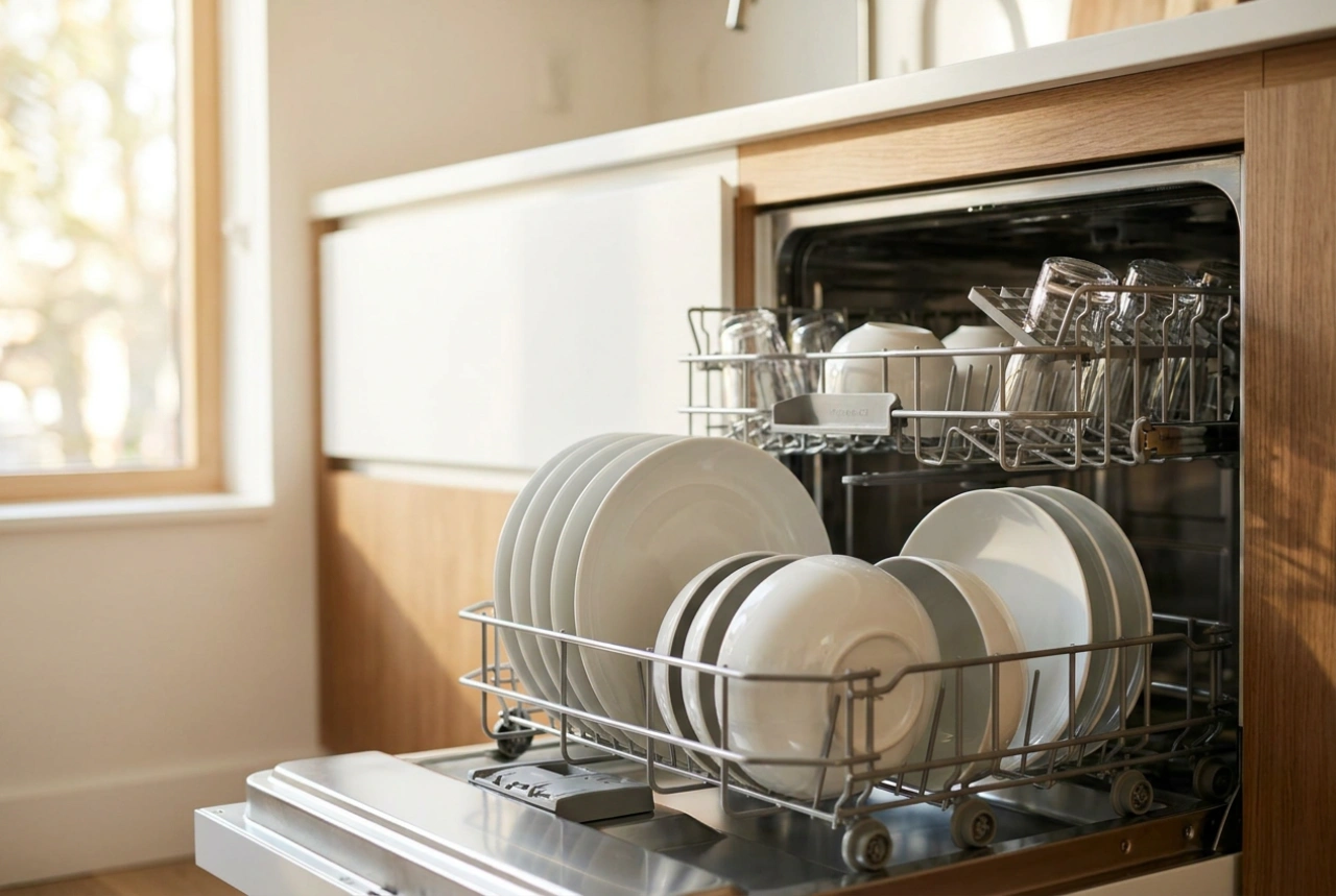 Petit lave-vaisselle encastrable et agencement pratique des assiettes