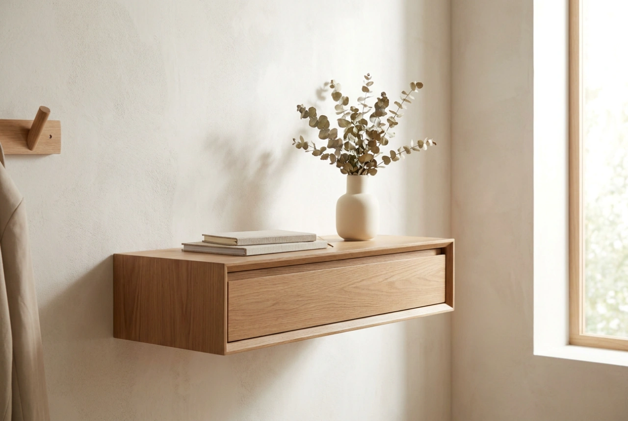 Une étagère murale avec tiroir pour organiser les petits objets dans l'entrée