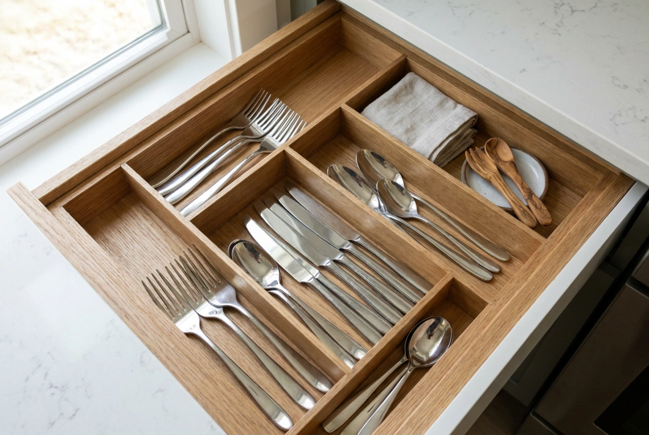 Comment nettoyer et organiser les couverts dans un organisateur en bois