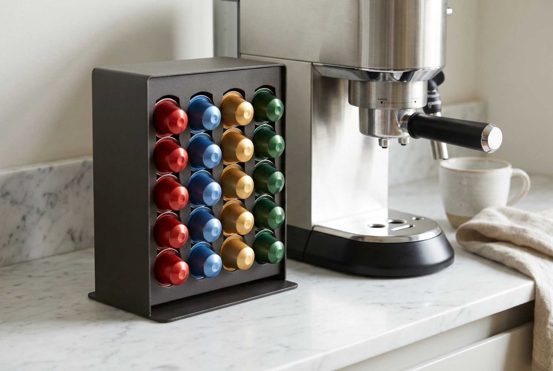 Comment organiser ses capsules de café sur un présentoir près de la machine
