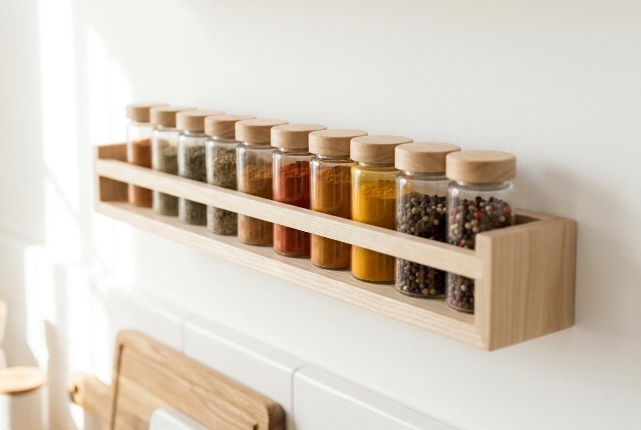 Étagère à épices en bois et organisation claire des provisions de cuisine