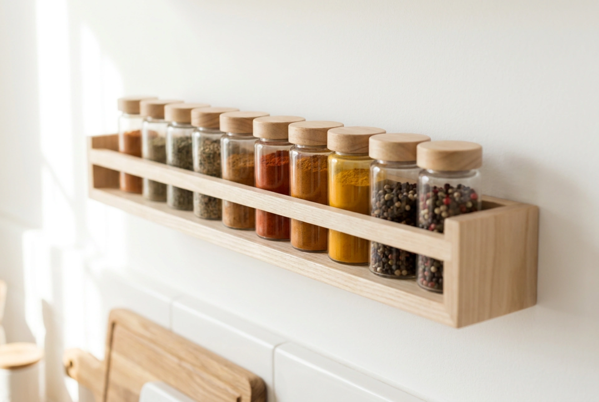 Étagère à épices en bois et organisation claire des provisions de cuisine