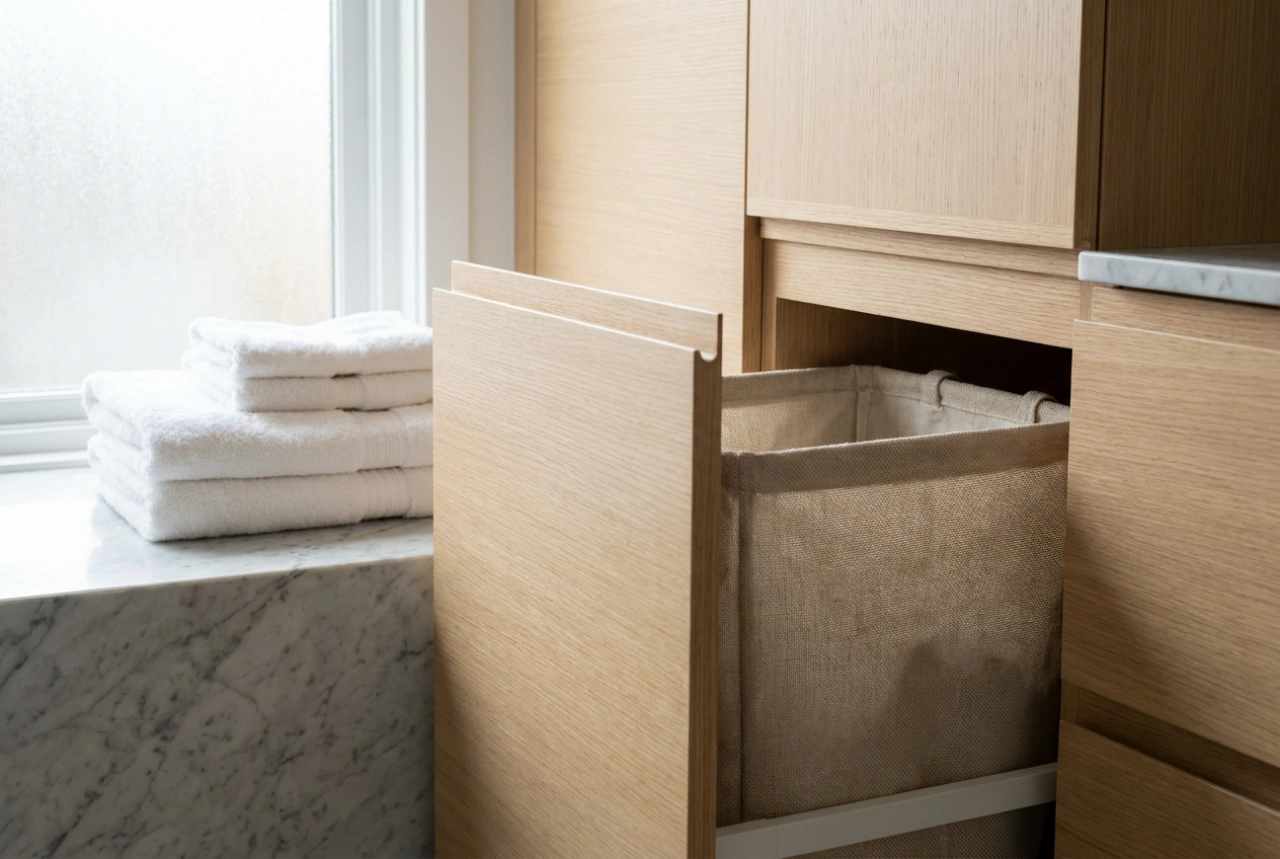 Panier à linge coulissant encastrable pour une salle de bain épurée