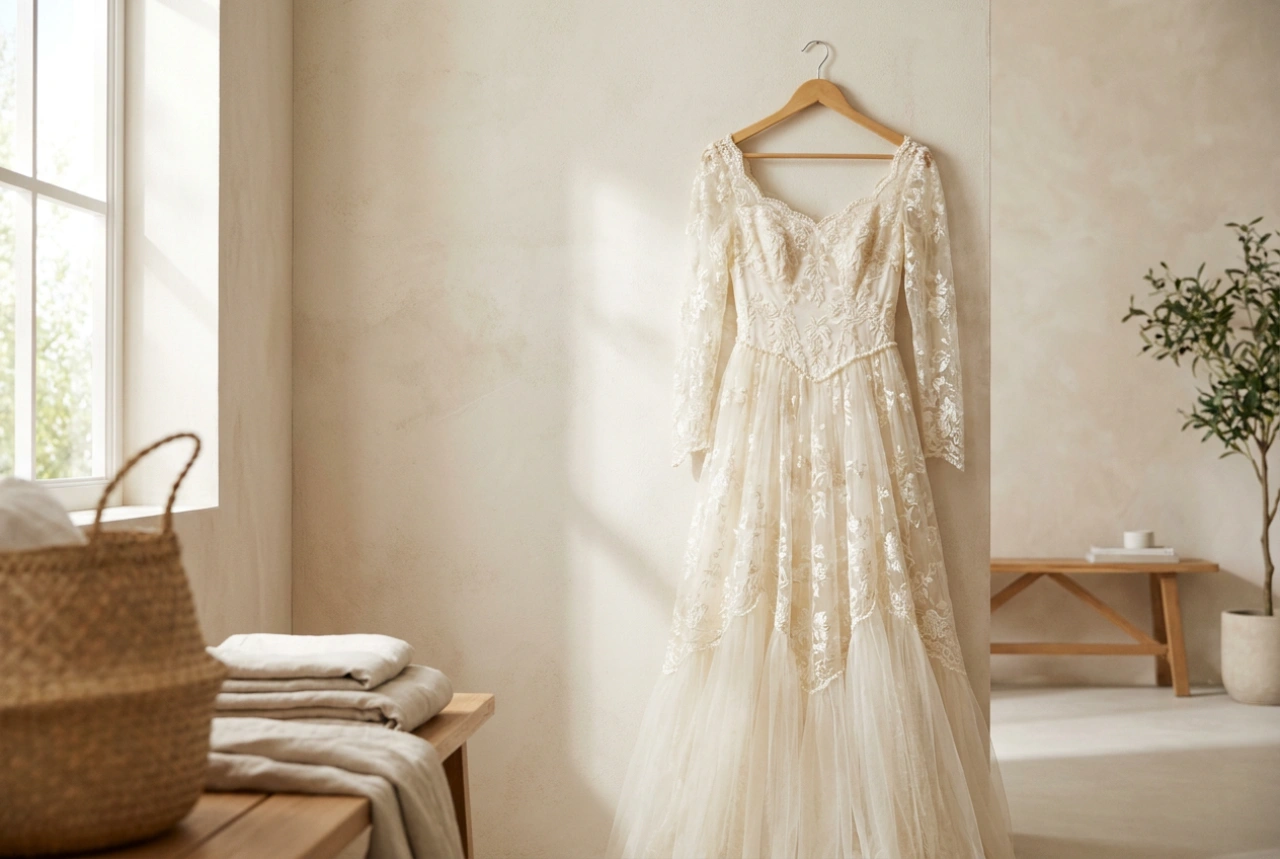 Laver une robe de mariée en dentelle avec traîne sans précipitation