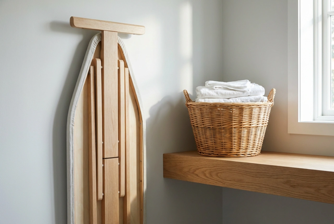 Planche à repasser pliable et ergonomie d'une petite buanderie