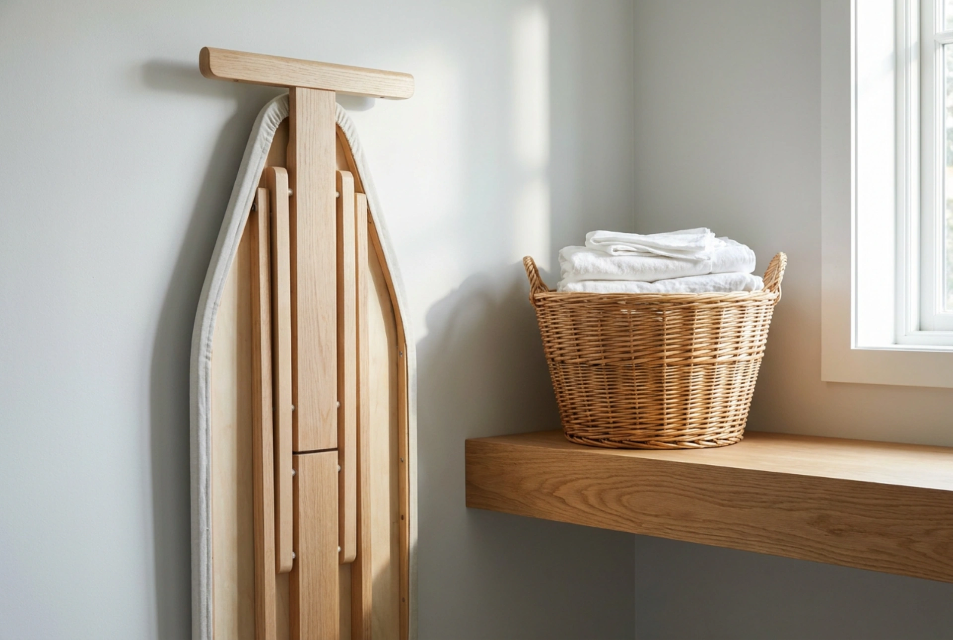 Planche à repasser pliable et ergonomie d'une petite buanderie