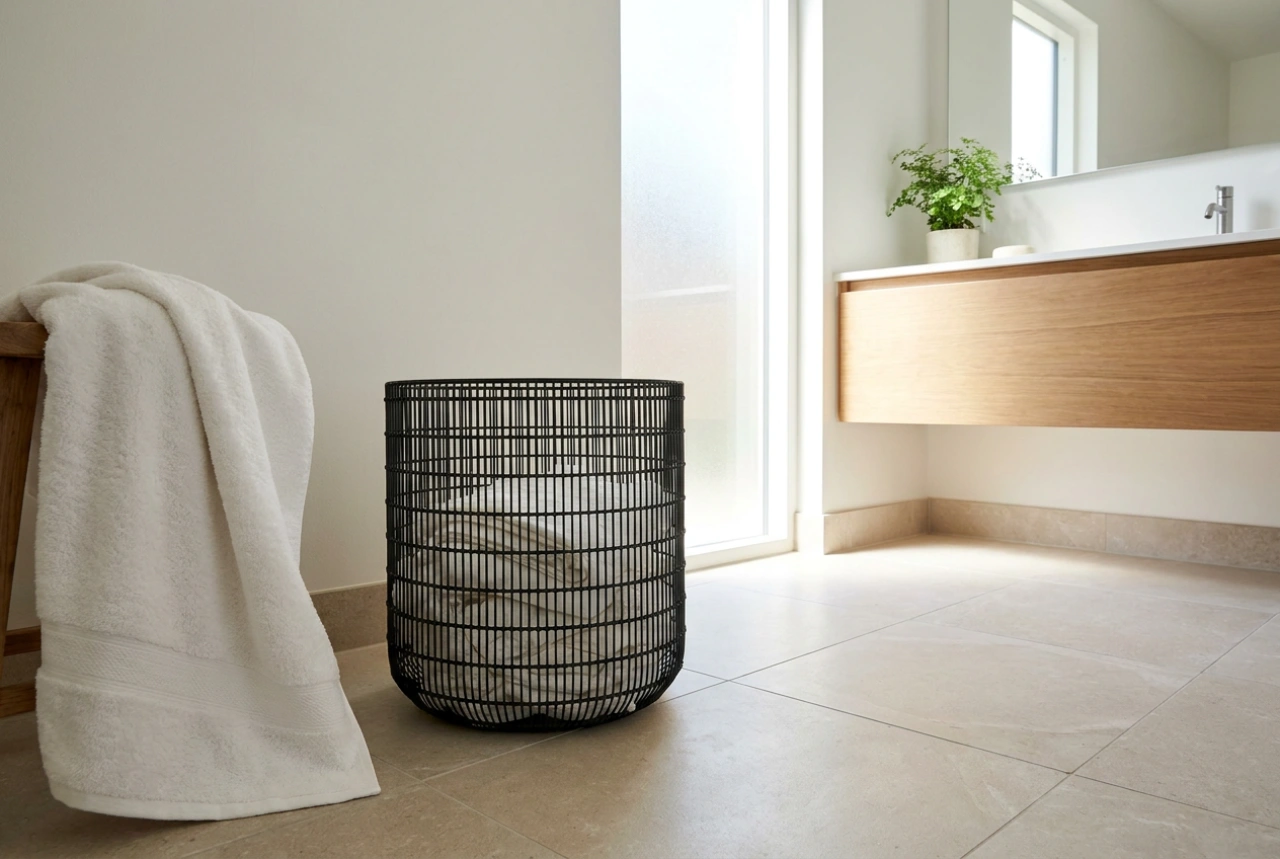 Le panier à linge noir comme élément discret de l'ordre dans la salle de bain