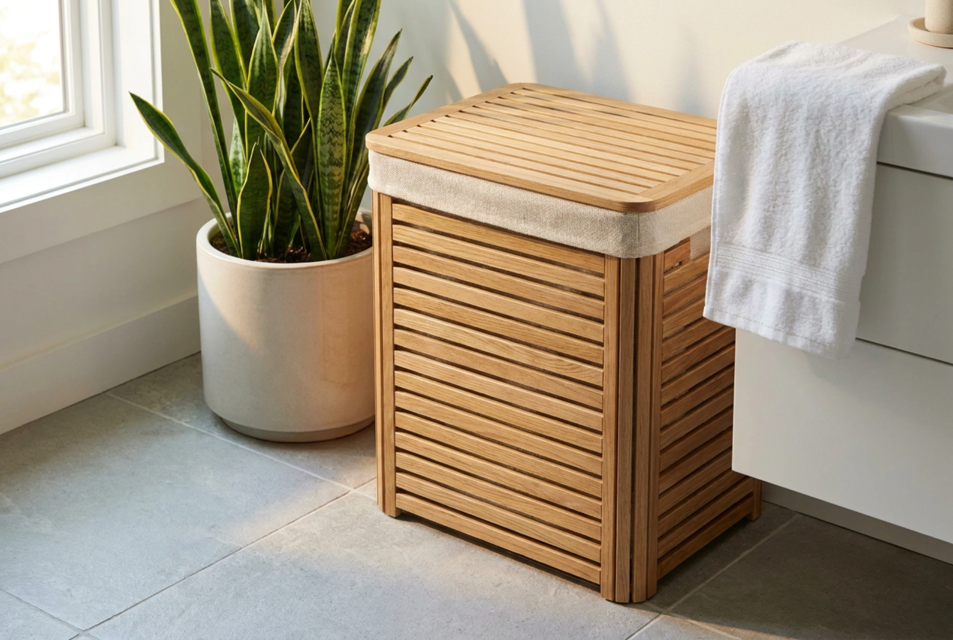 Panier à linge en bois et protection contre l'humidité dans la salle de bain
