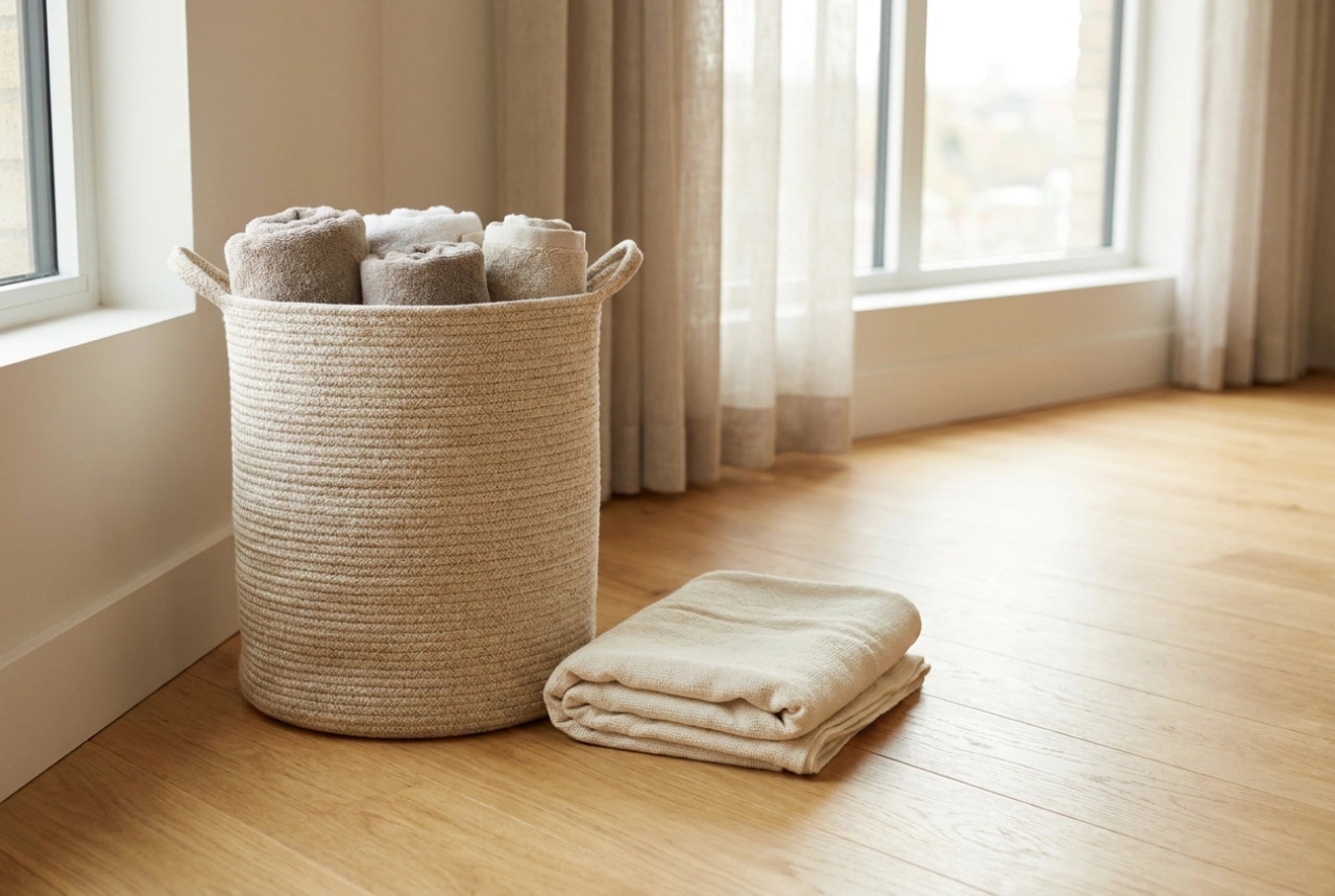 Petit panier à linge dans un studio et contrôle quotidien du désordre