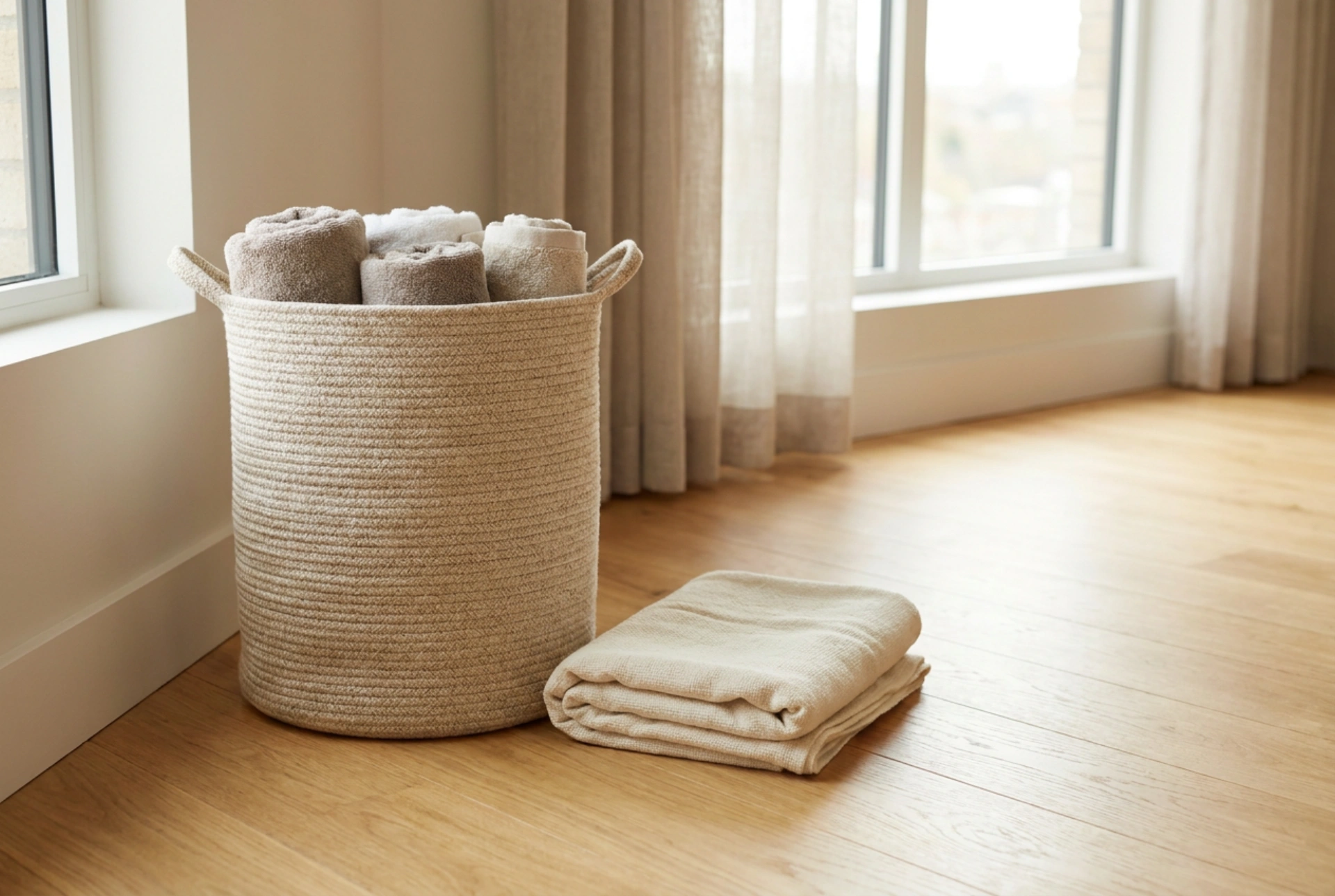 Petit panier à linge dans un studio et contrôle quotidien du désordre