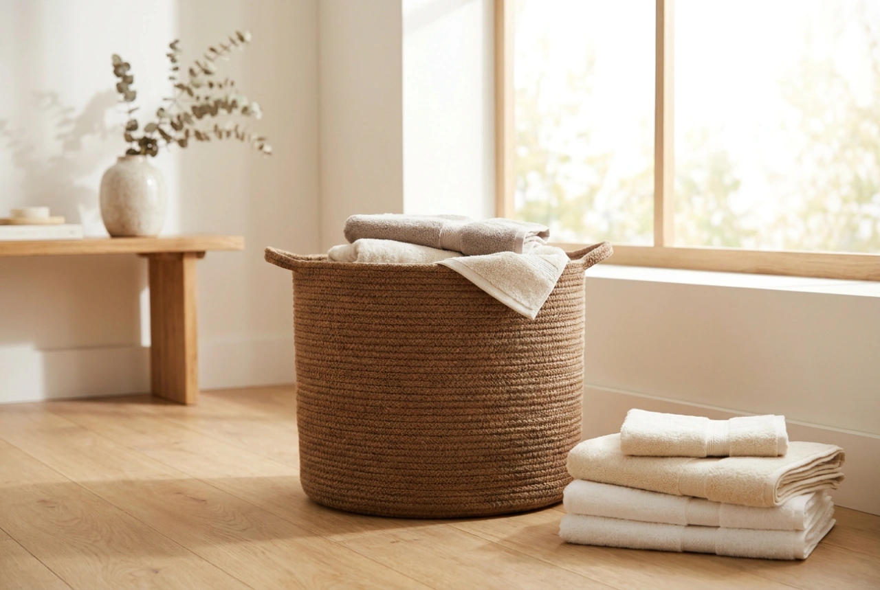 Intégrer un panier à linge marron pour réchauffer l'ambiance de la salle de bains