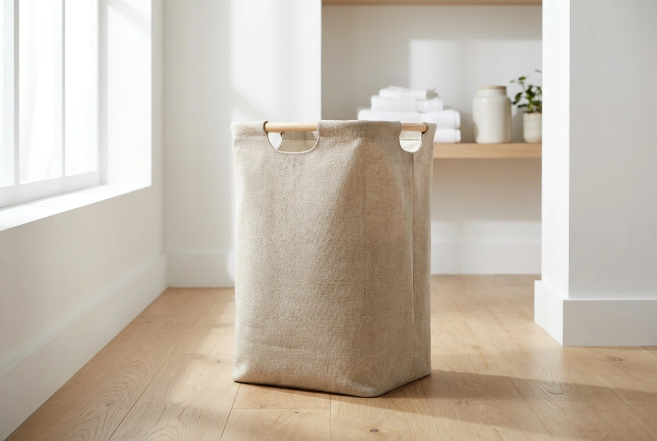 Le panier à linge beige comme accent serein dans la buanderie