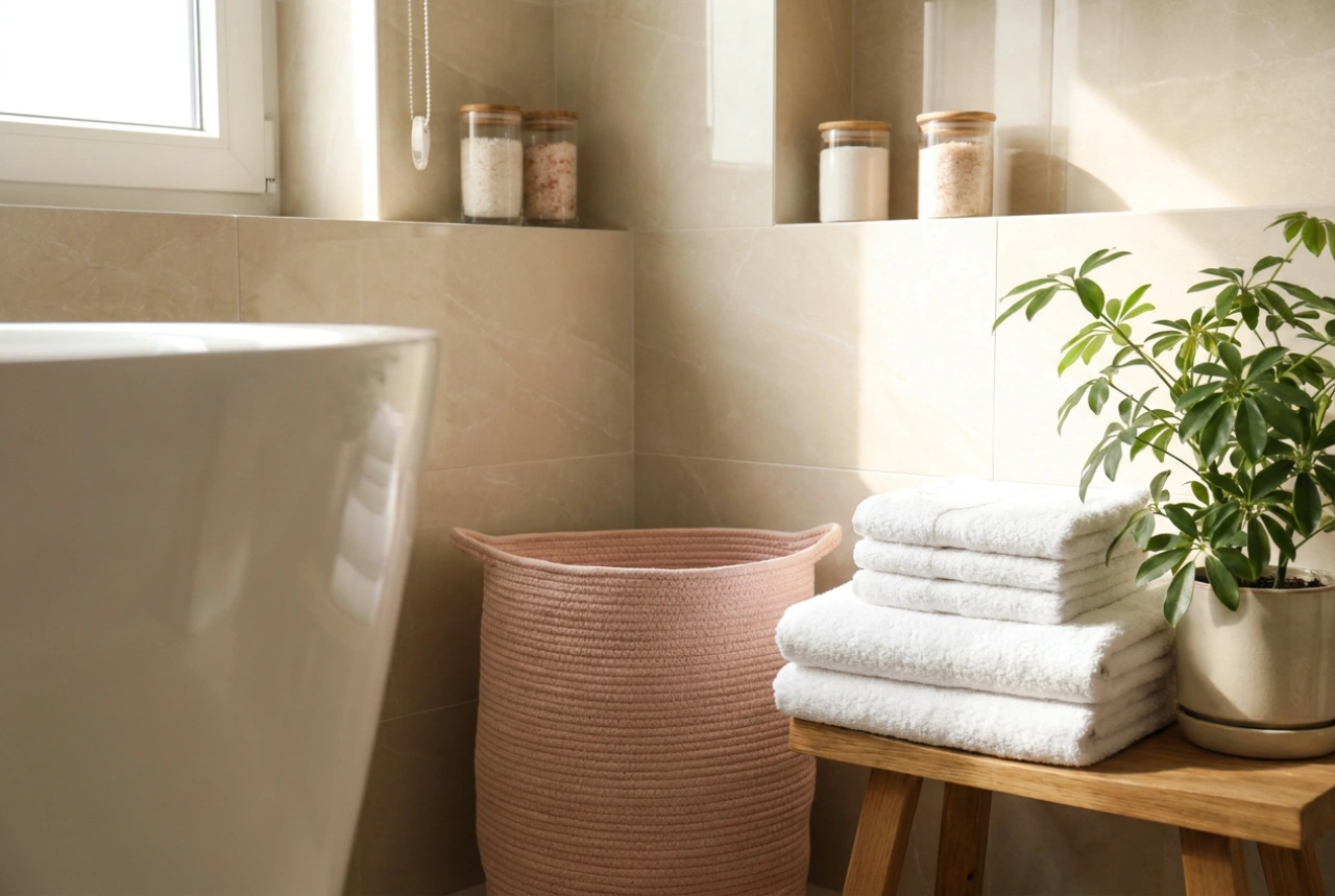 Intégrer un panier à linge rose dans une salle de bain fonctionnelle