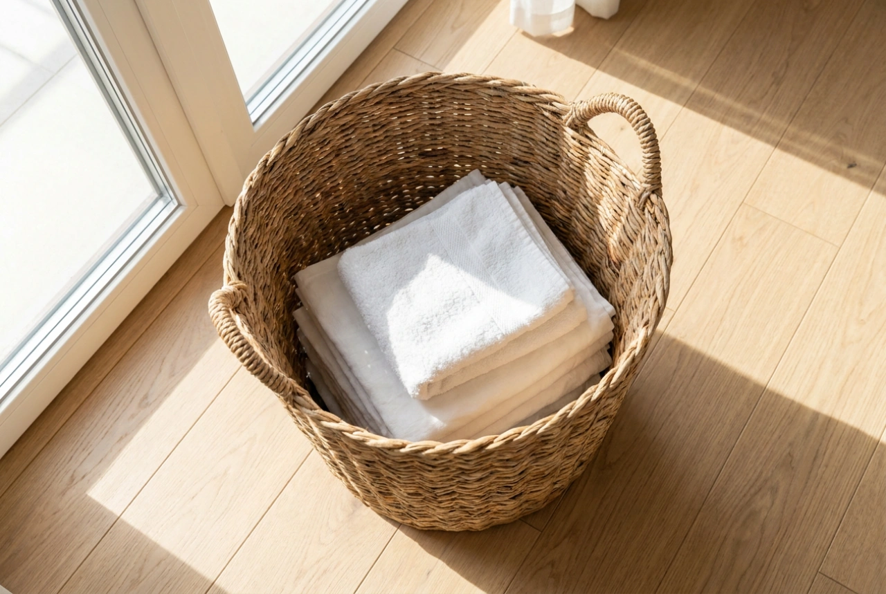 Panier à linge en osier et stockage aéré du linge de maison
