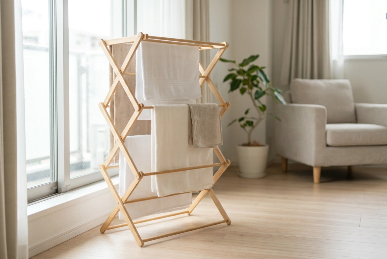 Petit étendoir à linge et bonnes habitudes de séchage dans un studio