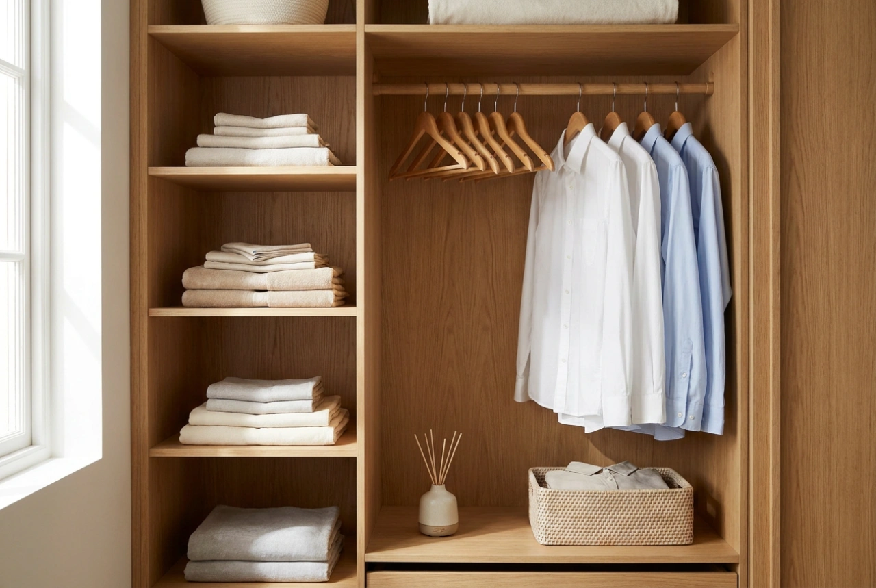 Comment organiser une armoire à deux portes avec étagères et penderie