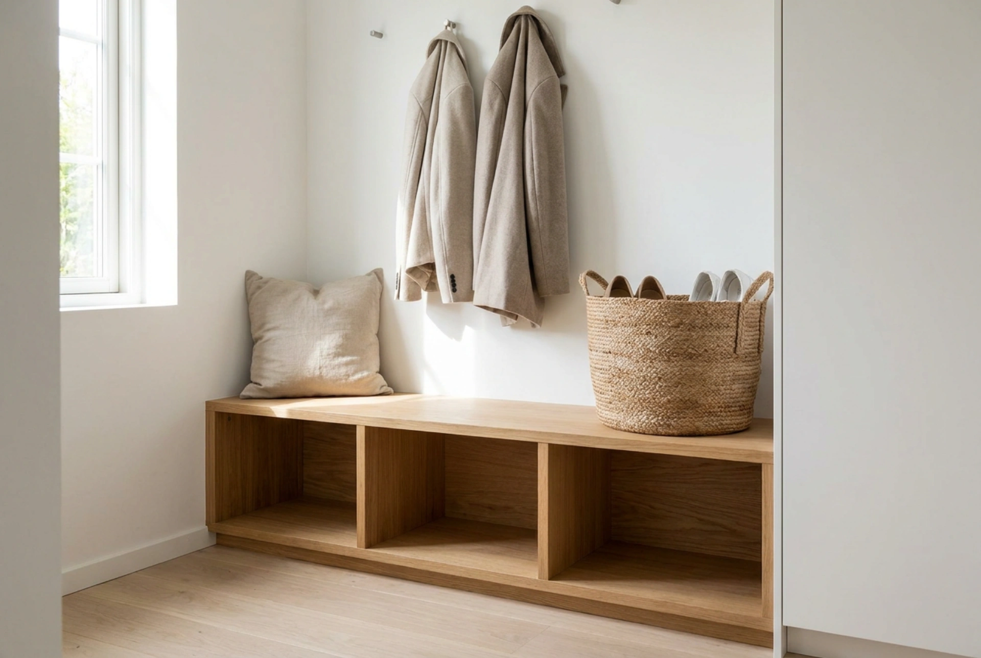 Agencement optimal de placard d'entrée avec assise intégrée