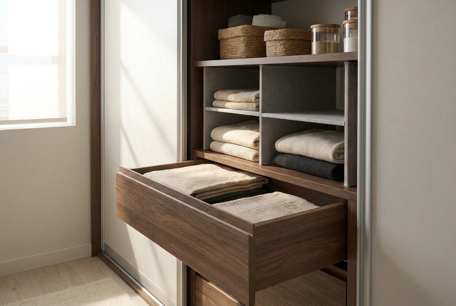 Comment organiser l'intérieur d'une armoire coulissante avec tiroirs intégrés