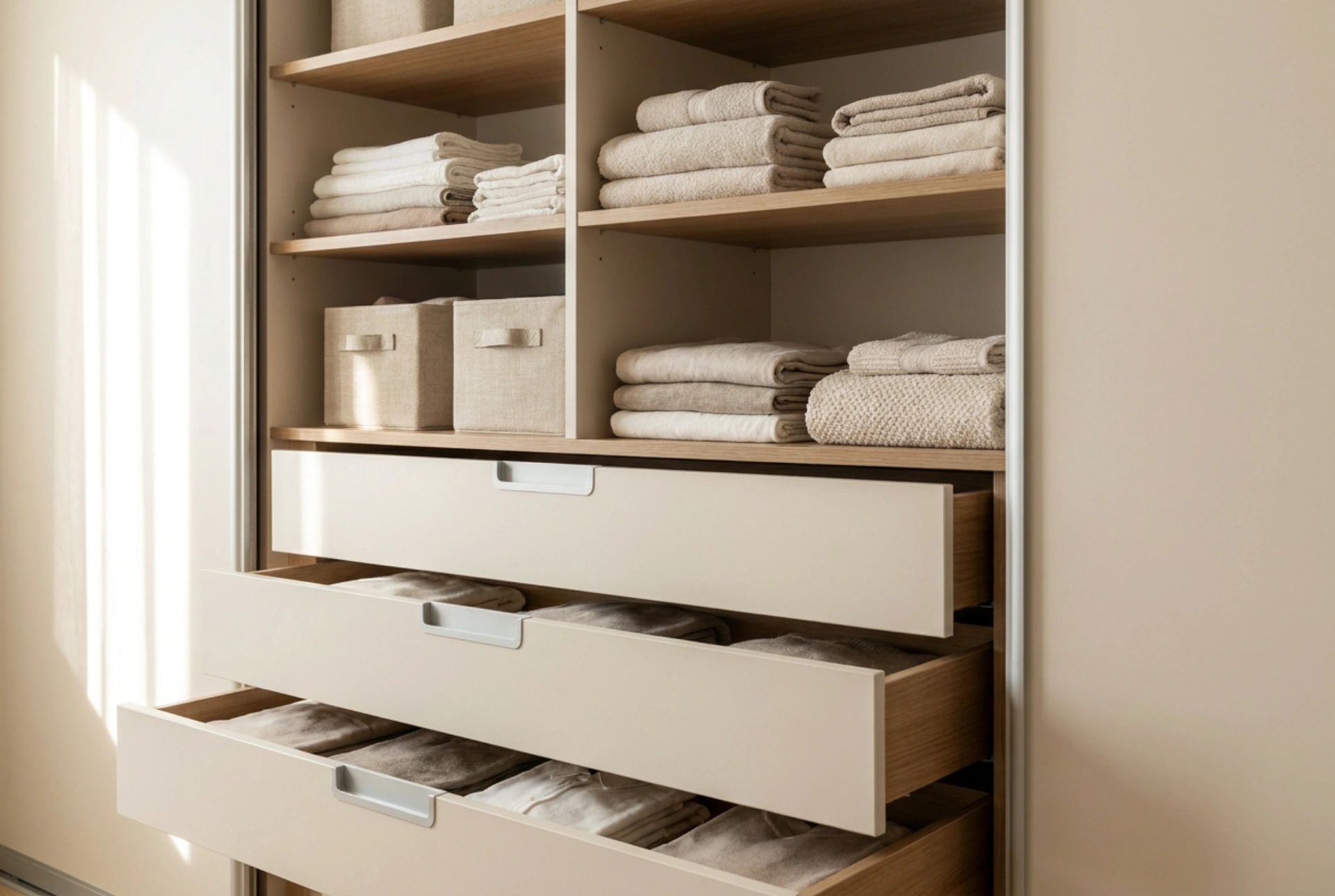 Division optimisée d'une armoire coulissante avec tiroirs en zones fonctionnelles