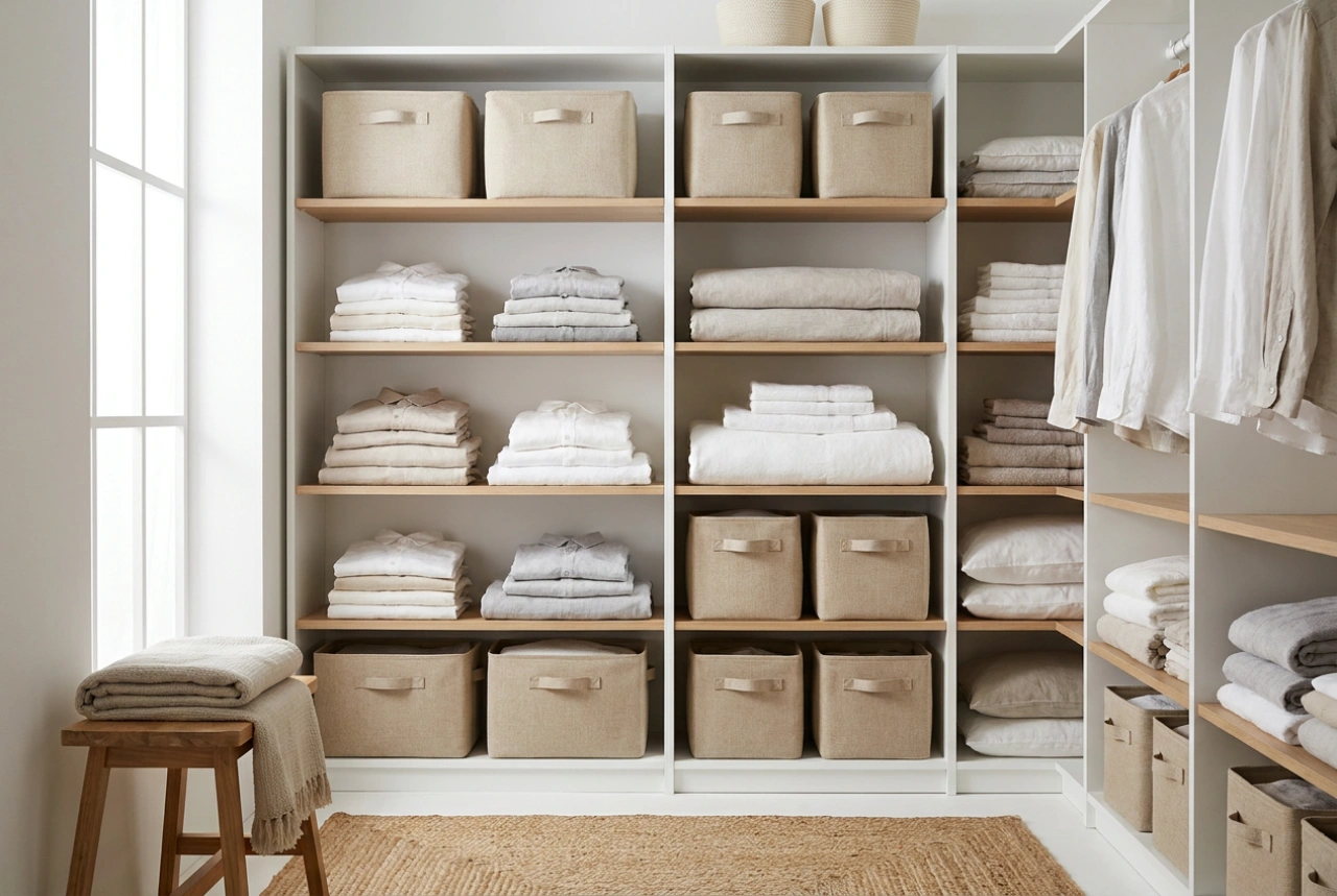 Comment organiser une armoire blanche à étagères sans encombrement