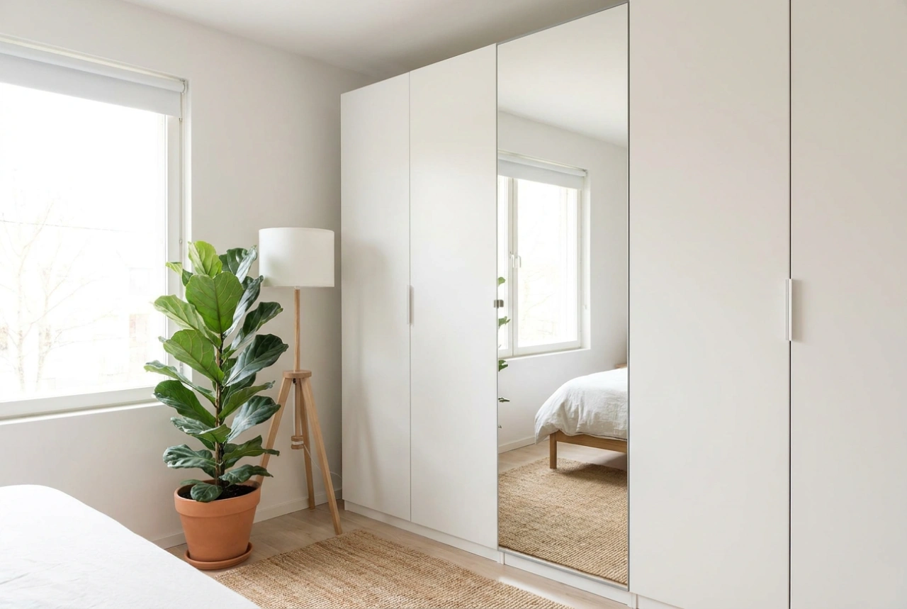 Comment optimiser l'espace d'une petite chambre grâce à une armoire d'angle blanche avec miroir