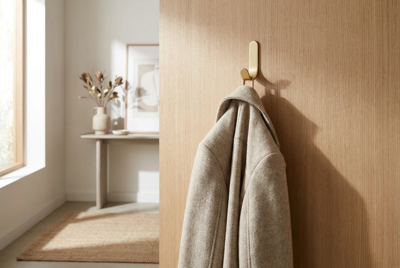 Le porte-manteau doré dans un vestibule pratique et ordonné