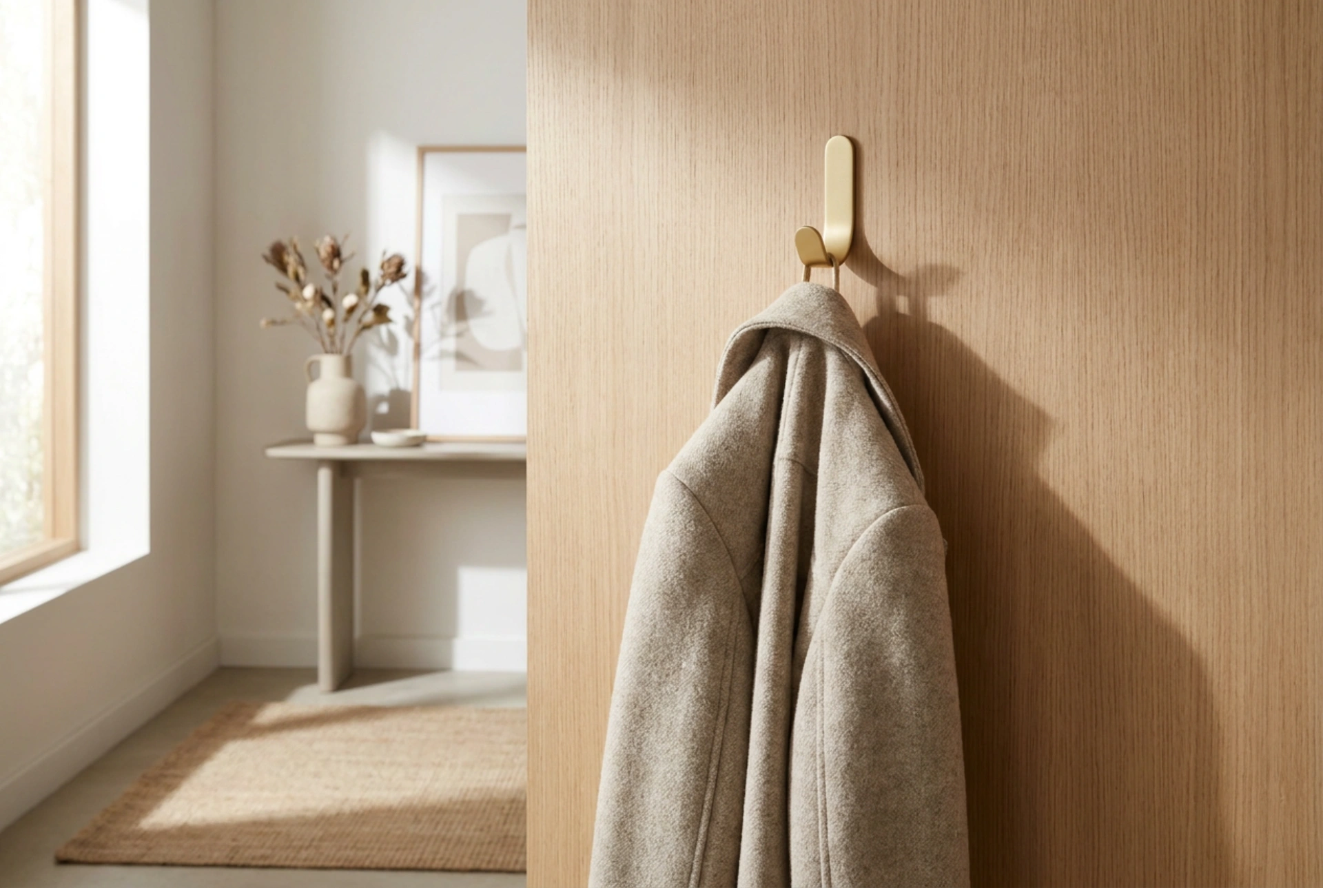 Le porte-manteau doré dans un vestibule pratique et ordonné