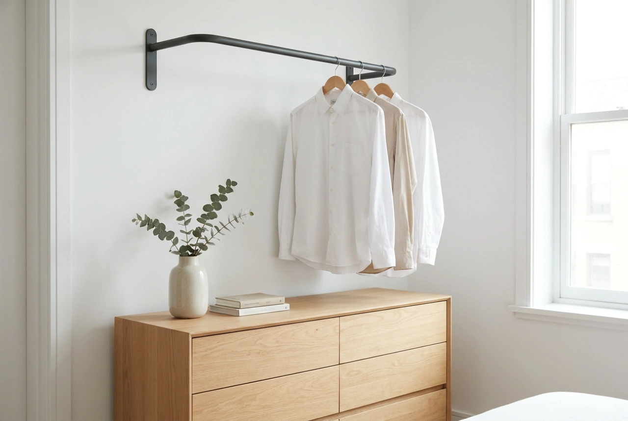 Une commode avec tringle à vêtements comme mini-dressing pour petite chambre