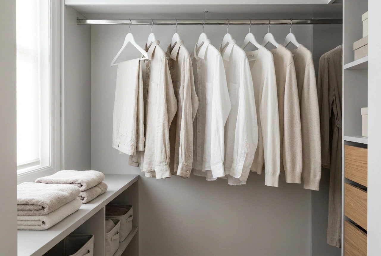 Cintres blancs et système d'organisation uniforme pour une garde-robe minimaliste