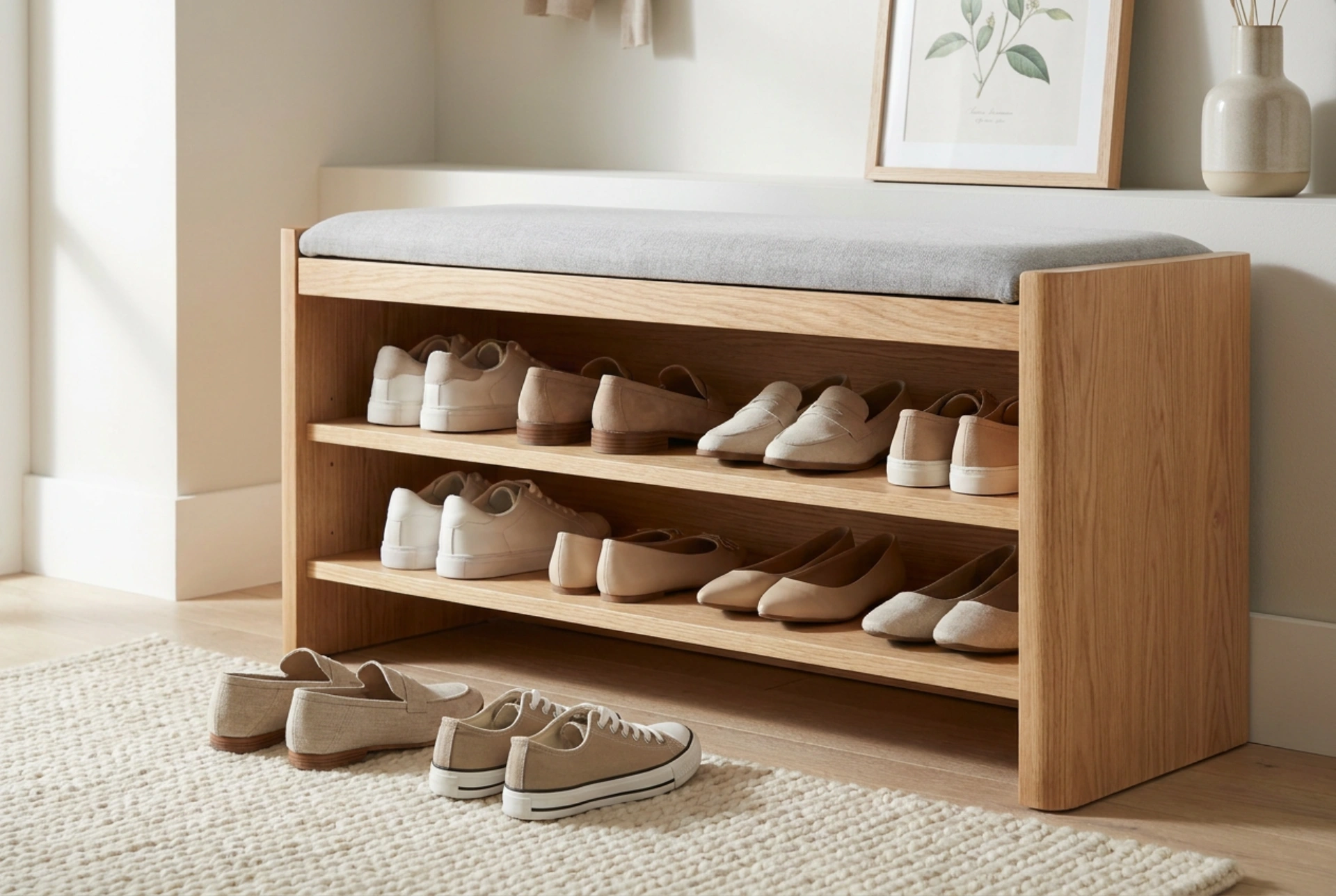 Meuble à chaussures spacieux avec assise : règles de tri et d'organisation