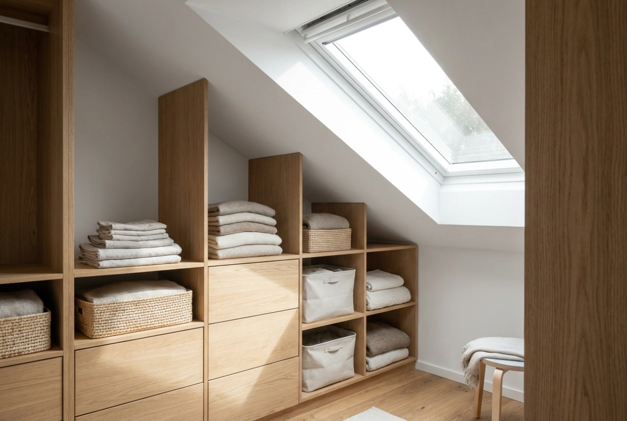Comment aménager un dressing sous pente avec des étagères basses