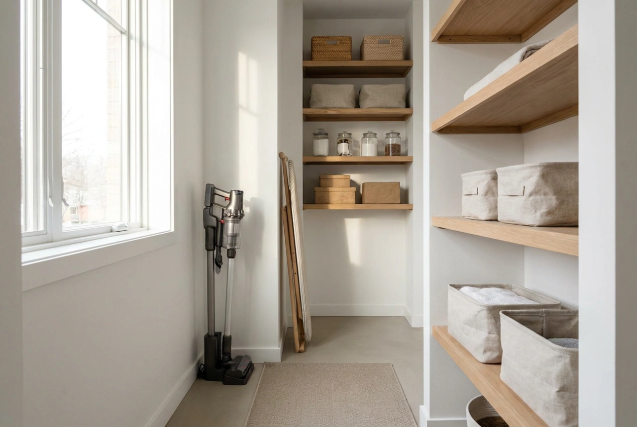 Comment aménager un espace pour l'aspirateur et la table à repasser dans une armoire