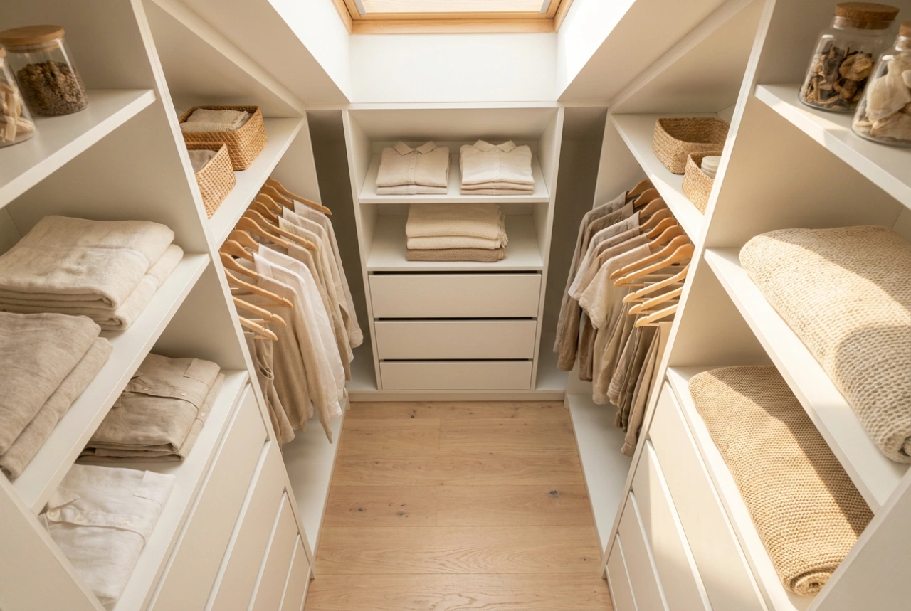 Comment aménager un dressing étroit sous les combles malgré les pentes et la faible profondeur