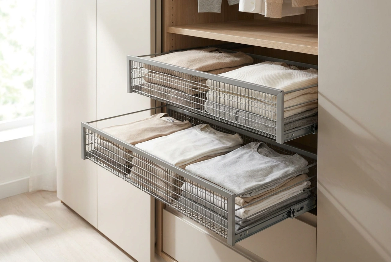 Paniers coulissants de dressing et sectorisation méthodique des vêtements