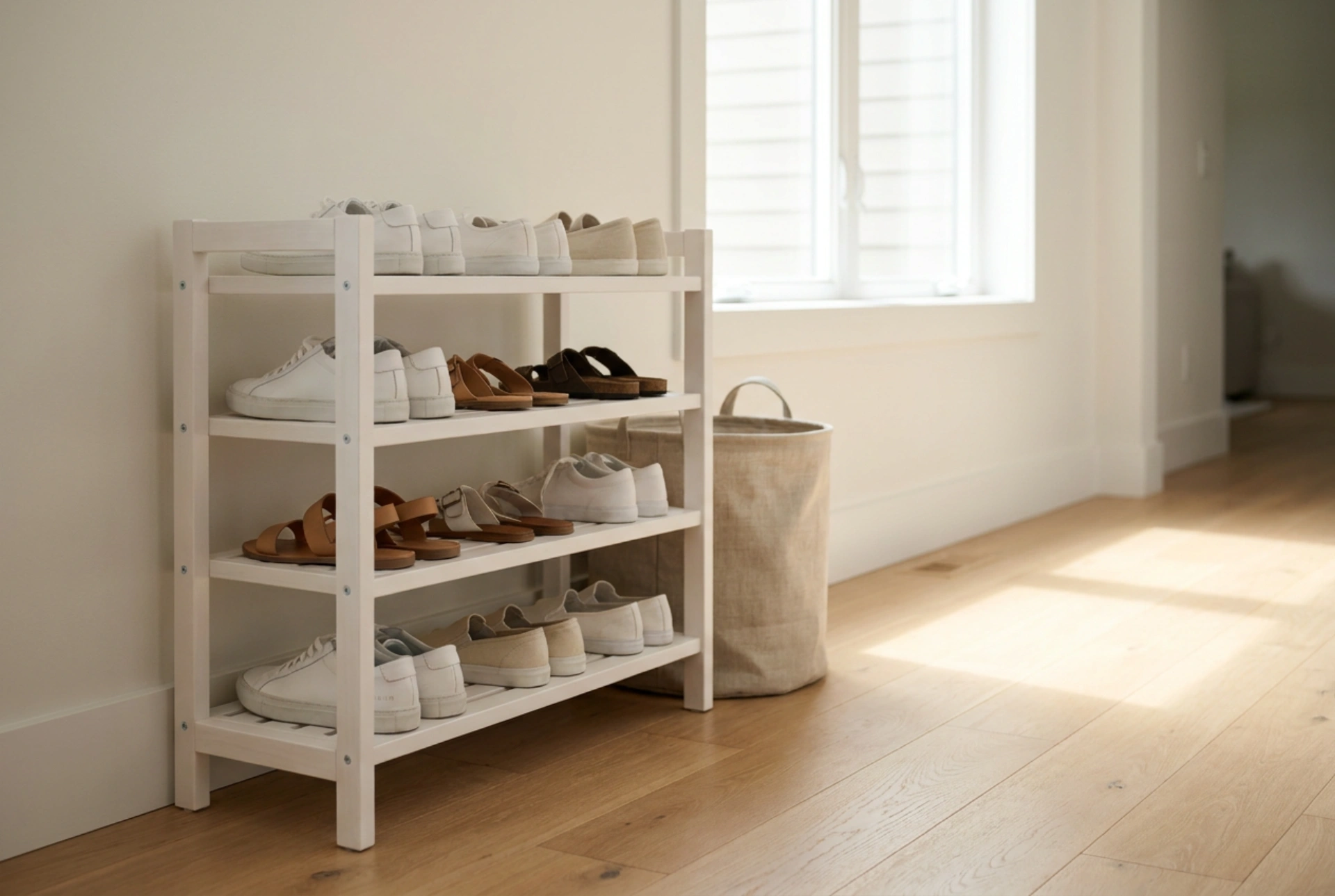 Meuble à chaussures blanc dans une entrée claire : comment maintenir une propreté impeccable