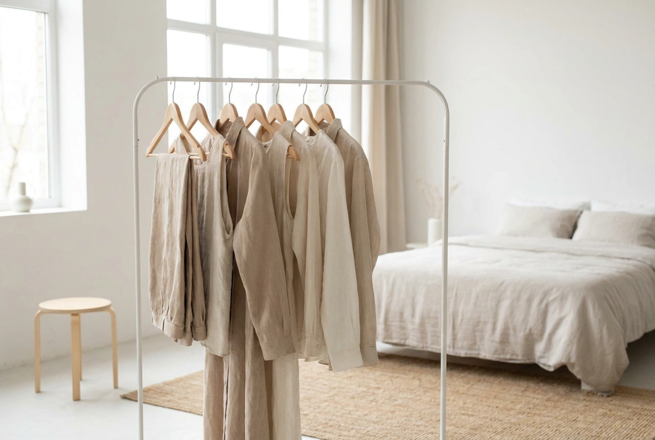 Portant à vêtements blanc et garde-robe visuellement légère