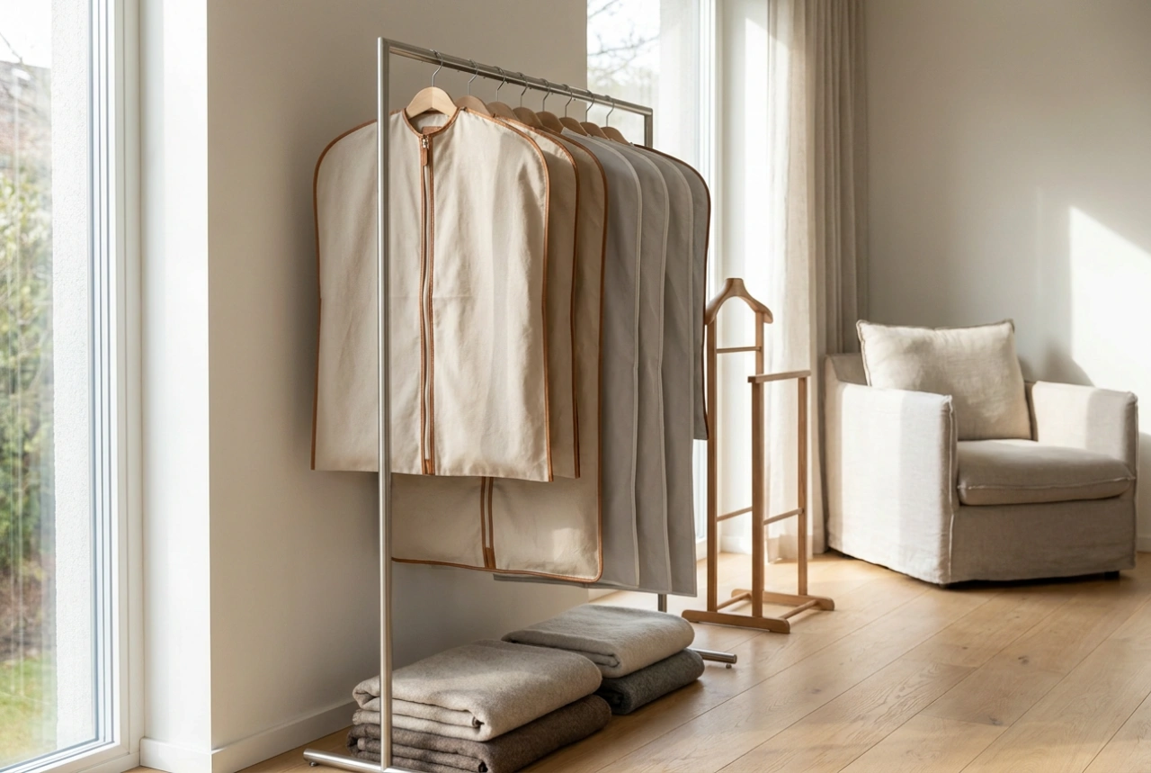 Portant à vêtements avec housse pour la protection des vêtements de saison