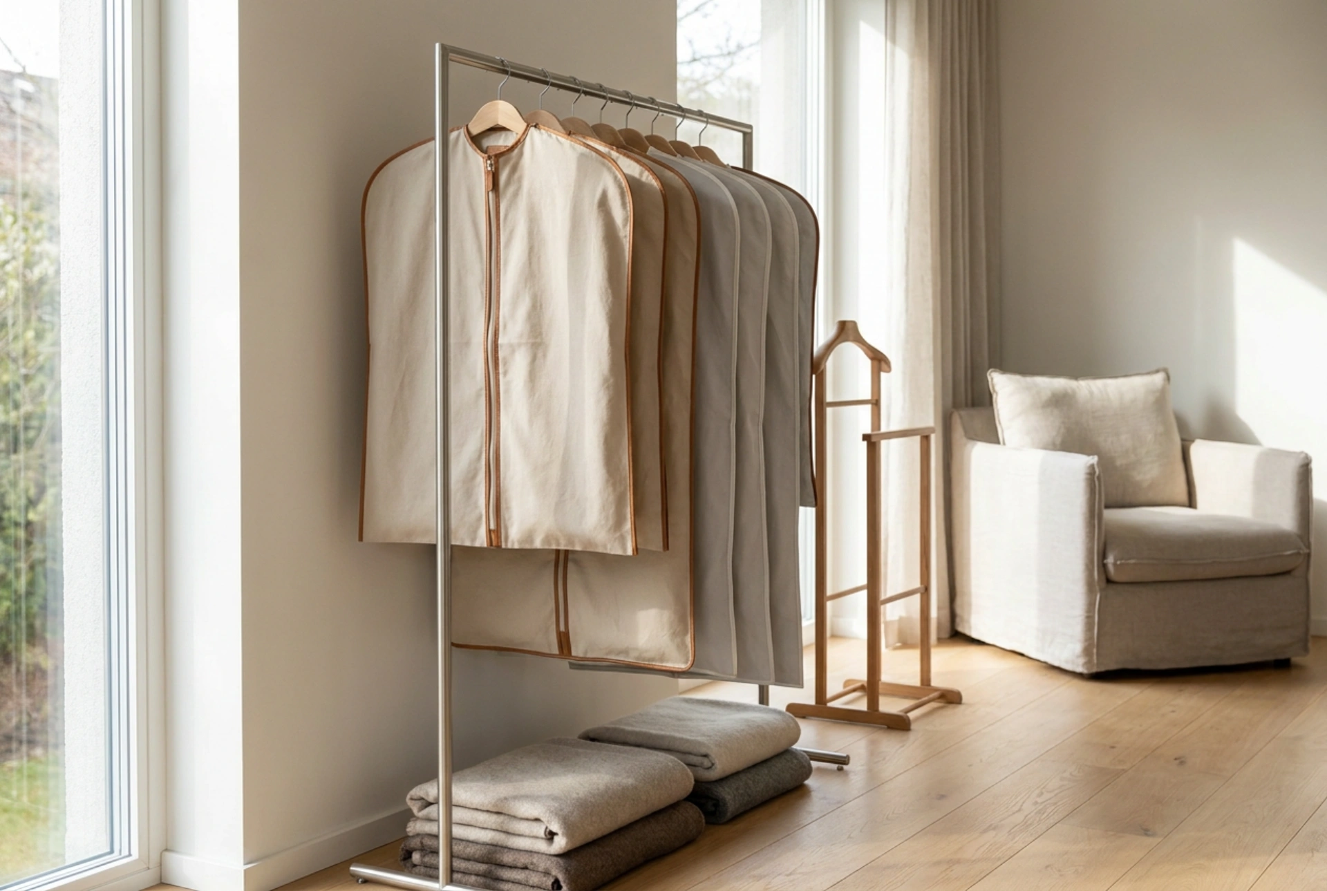 Portant à vêtements avec housse pour la protection des vêtements de saison