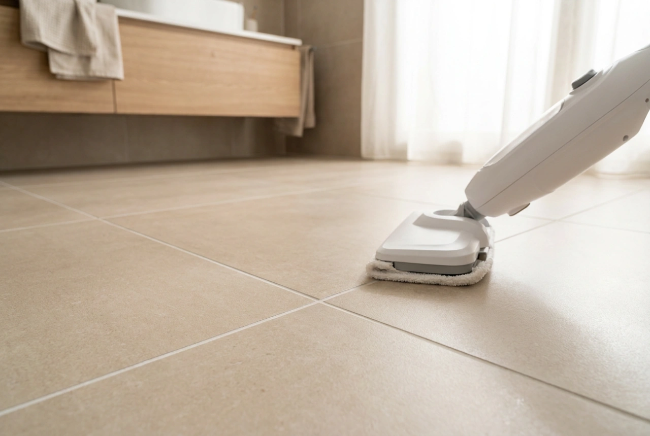 Nettoyage des joints de carrelage à la vapeur sans détergent et sous contrôle d'humidité