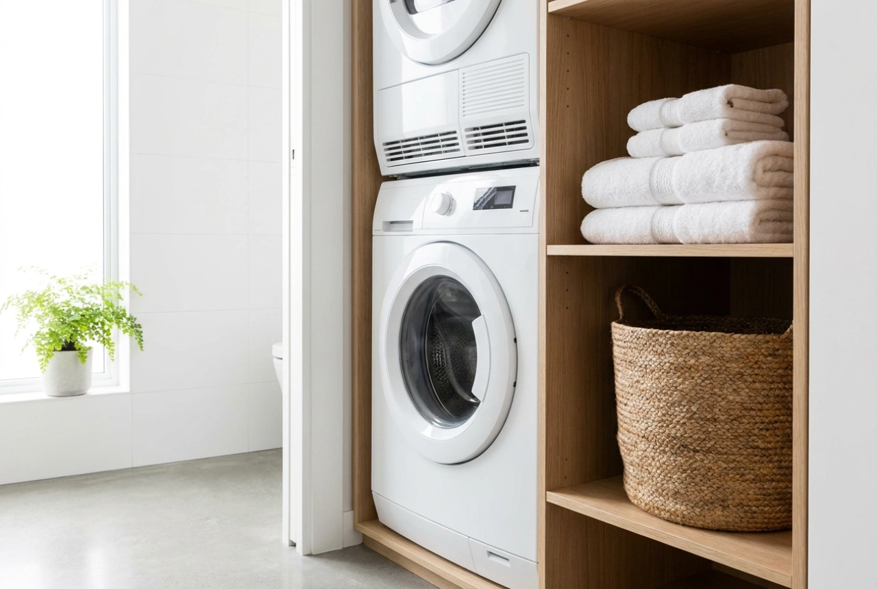 Lave-linge et sèche-linge dans une petite salle de bain sans chaos ni humidité