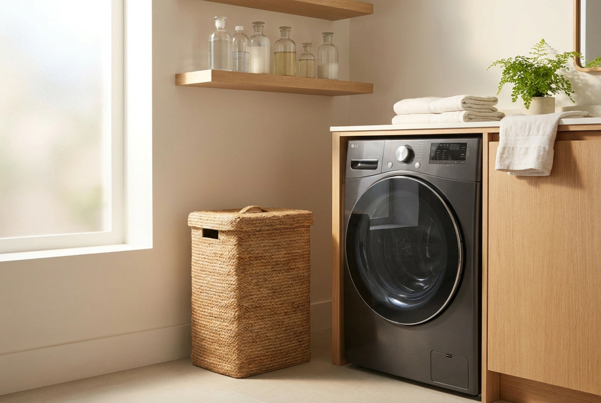 Intégrer un lave-linge dans une petite salle de bain avec panier et détergents