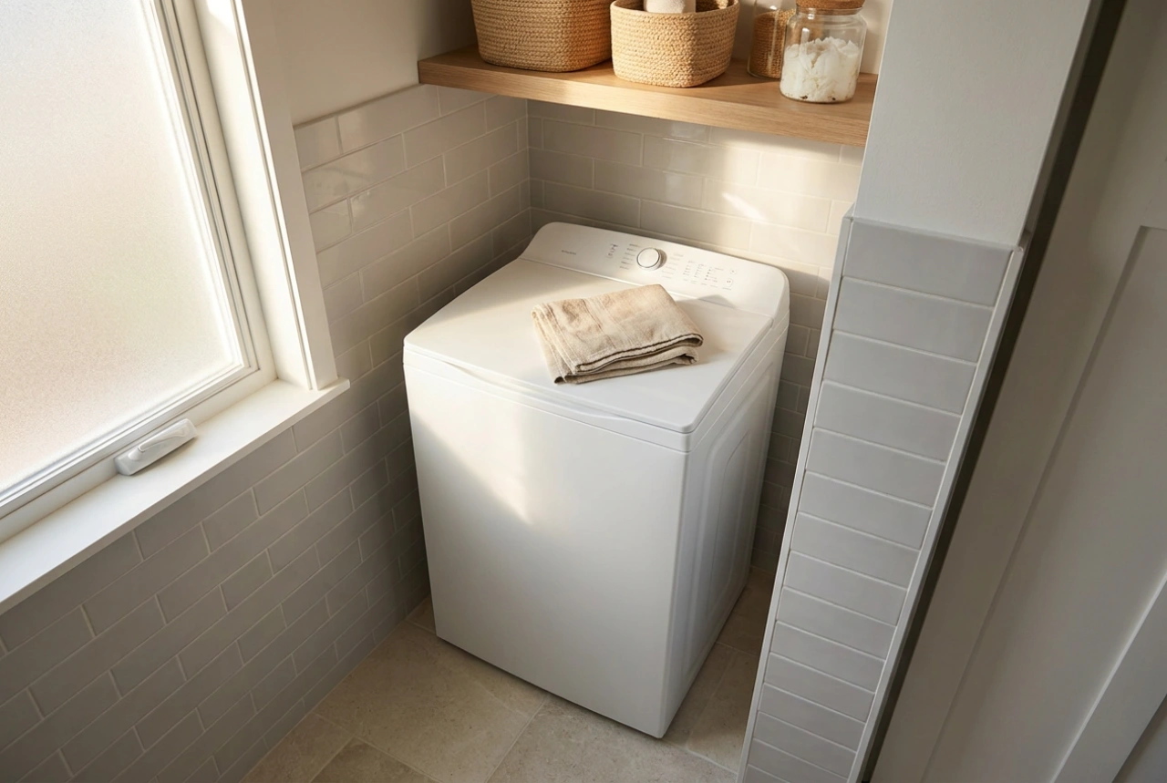 Lave-linge à chargement par le haut dans une niche de salle de bain étroite